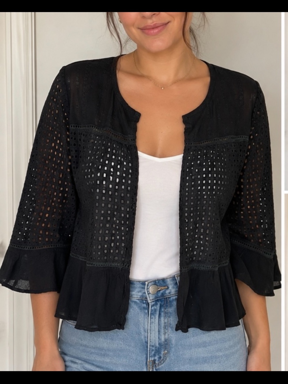 Suzanne Betro Black Eyelet Peplum Open-Front Top - Women